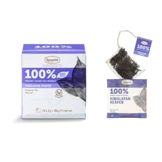 Opakowanie ekologicznej herbaty czarnej Himalayan Heaven od Ronnefeldt, zawierające 15 saszetek po 2g. Herbata jest organiczna, wegańska i przyjazna dla środowiska, zapewniając wyjątkowe doznania smakowe dla miłośników herbaty.