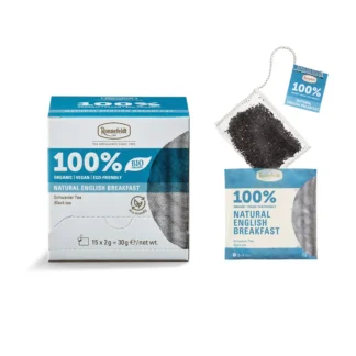 Opakowanie ekologicznej herbaty Natural English Breakfast zawiera 15 torebek po 2 g każda, oferując intensywny smak czarnej herbaty. Produkt jest organiczny, wegański i przyjazny dla środowiska, idealny dla miłośników herbaty dbających o zrównoważony styl życia.