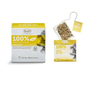Opakowanie herbaty Ronnefeldt Spice of Life zawiera 15 torebek z organiczną, wegańską mieszanką smakową imbiru i cytryny. Ekologiczne akcesoria do parzenia herbaty, które podkreślają radość z naturalnych smaków, idealne dla miłośników zdrowego stylu życia.