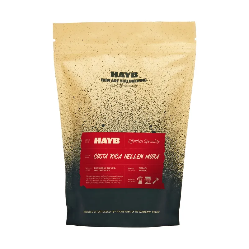 Opakowanie kawy Costa Rica Hellen Mora od HAYB, idealne dla miłośników wyjątkowych smaków. Ta speciality coffee oferuje nuty borówki, czerwonego wina i mlecznej czekolady, doskonałej do parzenia w domowym zaciszu.
