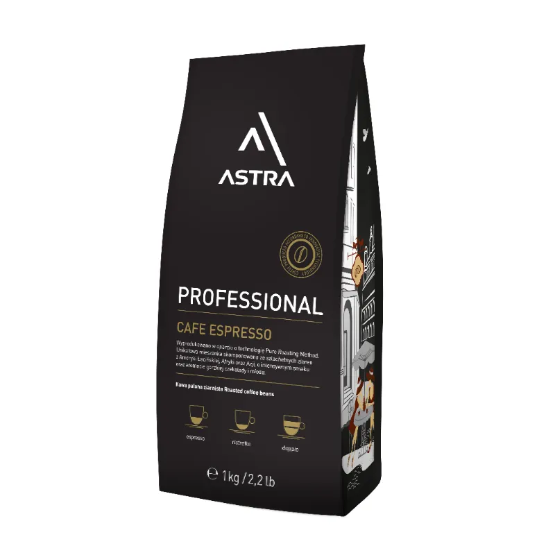 Opakowanie kawy Espresso Astra Professional o wadze 1 kg, idealne dla miłośników intensywnego smaku. Produkowana z najwyższej jakości ziaren, ta kawa doskonale nadaje się do przygotowywania espresso, ristretto i doppio.
