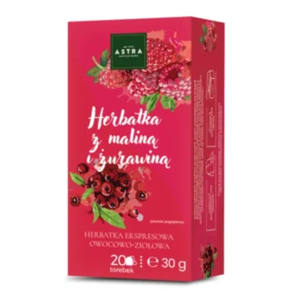 Opakowanie herbaty ekspresowej o smaku malinowym i żurawinowym, doskonałe na każdą porę dnia. Idealna dla miłośników owocowo-ziołowych naparów, w zestawie 20 torebek, idealna do parzenia w domu lub w biurze.