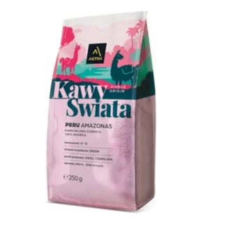 Opakowanie kawy Peru Amazonas, palonej z najlepszej jakości ziaren 100% Arabica, idealne dla koneserów. Skosztuj wyjątkowego profilu smakowego z nutami owoców i czekolady w każdej filiżance.