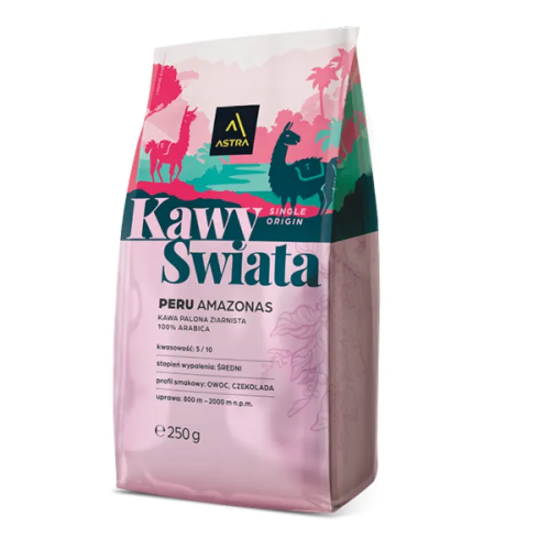 Opakowanie kawy Peru Amazonas, palonej z najlepszej jakości ziaren 100% Arabica, idealne dla koneserów. Skosztuj wyjątkowego profilu smakowego z nutami owoców i czekolady w każdej filiżance.