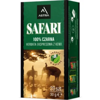 Opakowanie herbaty ekspresowej SAFARI 100% czarnej z Kenii, zawierające 20 torebek. Idealny wybór dla miłośników intensywnego smaku herbaty, doskonały do szybkie przygotowanie w każdej chwili.