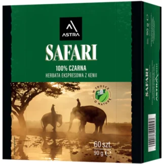 Opakowanie herbaty ekspresowej Safari zawiera 60 torebek z najwyższej jakości czarnej herbaty z Kenii. Idealna do szybkiego parzenia, ta herbata oferuje intensywny smak, doskonały dla miłośników aromatycznych naparów.