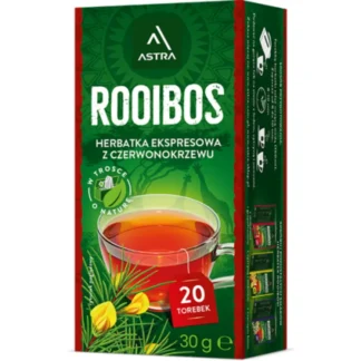 Opakowanie herbatki ekspresowej Rooibos z czerwonokrzewu, składające się z 20 torebek, idealne dla miłośników zdrowych napojów. Aromatyczna herbata Rooibos dba o Twoje zdrowie oraz przyjemność z picia, doskonała na każdą porę dnia.
