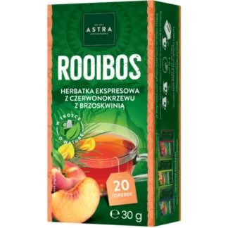 Ekspresowa herbata rooibos z czerwono-korzewem i brzoskwinią, idealna na relaks. Opakowanie zawiera 20 torebek, doskonałe dla miłośników aromatycznych napojów.
