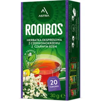 Opakowanie ekspresowej herbaty rooibos z czerwono-krzewu z dodatkiem czarnego bzu, zawierające 20 torebek, idealne dla miłośników aromatycznych naparów. Herbata ta łączy w sobie walory zdrowotne i wyjątkowy smak, doskonała do codziennego relaksu.
