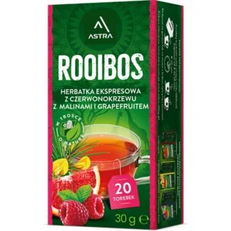 Opakowanie herbaty ekspresowej Rooibos z czerwonokrzewu, wzbogaconej malinami i grapefruitem, idealnej na każdą porę dnia. Perfekcyjny wybór dla miłośników zdrowych napojów oraz aromatycznych smaków, dostępny w opakowaniu 20 torebek.