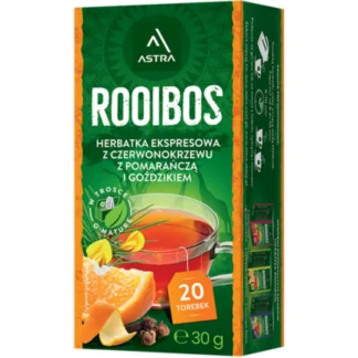 Opakowanie ekspresowej herbaty Rooibos z dodatkiem pomarańczy i goździków, idealnej dla miłośników zdrowych naparów. W zestawie znajdują się 20 torebek, które oferują bogaty smak i aromat, doskonałe dla relaksu i orzeźwienia.
