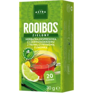Opakowanie ekspresowej herbaty Rooibos Zielony, zawierającej 20 torebek, prezentujące świeżą herbatę z dodatkiem trawy cytrynowej i limonki. Idealna propozycja dla miłośników zdrowych naparów, doskonała na każdą okazję, dostępna w sklepie internetowym z kawą i herbatą.