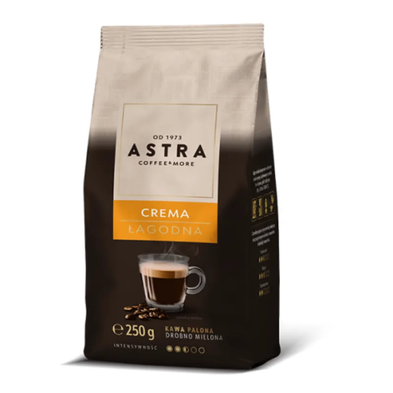 Kawa mielona Astra Crema Łagodna w eleganckim opakowaniu 250g to idealny wybór dla miłośników delikatnych smaków. Dzięki starannie wyselekcjonowanym ziarnom, zapewnia wyjątkowy aromat, idealny do codziennego parzenia w domu lub biurze.