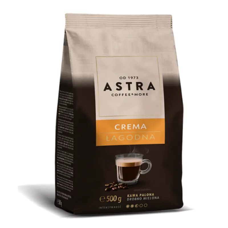Opakowanie kawy mielonej Astra Crema Łagodna o wadze 500g, idealnej do przygotowania aromatycznego espresso. Ciesz się delikatnym smakiem i aksamitną konsystencją, które sprawiają, że jest doskonałym wyborem dla miłośników kawy.