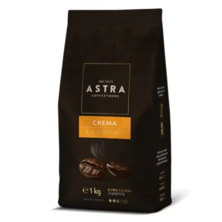 Opakowanie kawy łagodnej Astra Crema o wadze 1 kg, idealnej do codziennego parzenia. Doskonała jakość ziaren sprawia, że każdy łyk to przyjemność, a aromat wzbogaci każdą chwilę relaksu.
