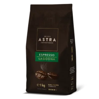 Ekologiczne opakowanie kawy ziarnistej Astra Espresso Łagodna waży 1 kg i charakteryzuje się łagodnym smakiem. Idealna do przygotowania aromatycznego espresso, ta kawa z pewnością zadowoli każdego miłośnika kawowych doznań.