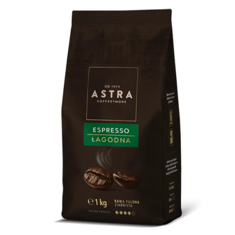 Ekologiczne opakowanie kawy ziarnistej Astra Espresso Łagodna waży 1 kg i charakteryzuje się łagodnym smakiem. Idealna do przygotowania aromatycznego espresso, ta kawa z pewnością zadowoli każdego miłośnika kawowych doznań.