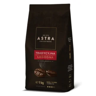 Torba z kawą Astra Tradycyjna Łagodna zawiera 1 kg palonej kawy ziarnistej, wykonanej w 100% z najwyższej jakości ziaren Arabiki. Idealna dla miłośników delikatnych smaków, ta kawa zapewnia harmonijny aromat i wyjątkowe doznania podczas parzenia.