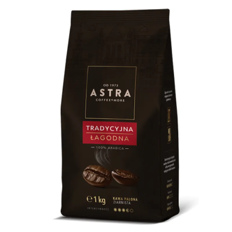 Torba z kawą Astra Tradycyjna Łagodna zawiera 1 kg palonej kawy ziarnistej, wykonanej w 100% z najwyższej jakości ziaren Arabiki. Idealna dla miłośników delikatnych smaków, ta kawa zapewnia harmonijny aromat i wyjątkowe doznania podczas parzenia.