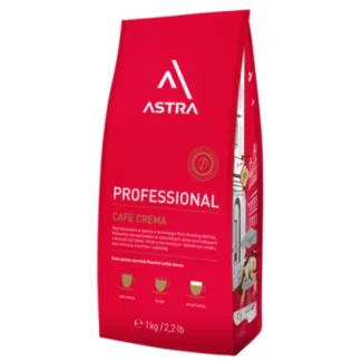 Opakowanie kawy Astra Professional Cafe Crema o wadze 1 kg, idealne dla miłośników aromatycznego espresso oraz delikatnych napojów kawowych. Produkt charakteryzuje się wyjątkową jakością ziaren, które są starannie palone z zastosowaniem technologii Pure Roasting Method, zapewniając głęboki smak i przyjemny aromat.