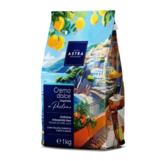 Opakowanie kawy Crema Dolce w atrakcyjnej szacie graficznej, inspirowane malowniczym Positano. Unikalna mieszanka ziaren kawy, idealna do parzenia w domu, dostarczająca wyjątkowych doznań smakowych dla miłośników kawy.