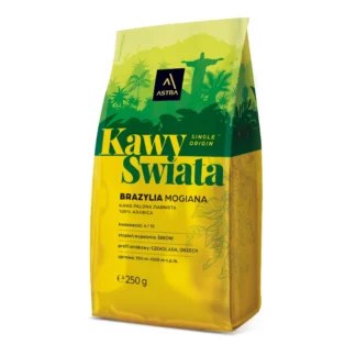 Opakowanie kawy Brazylia Mogiana, 100% Arabica, ważące 250 g, prezentuje intensywne smaki czekolady i orzecha, idealne dla miłośników aromatycznego napoju. Została starannie palona na poziomie średnim, co podkreśla jej subtelną kwaskowość, zapewniając doskonałe doznania dla każdego konesera kawy.