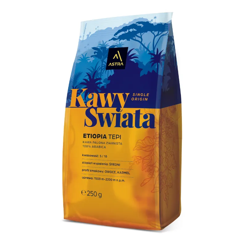 Opakowanie kawy Etiopia Tepí, 100% Arabica, o średnim wypaleniu, oferujące złożony smak owoców i karmelu. Idealna dla miłośników unikalnych aromatów i wysokiej jakości kawy, doskonała do parzenia w domowym zaciszu.