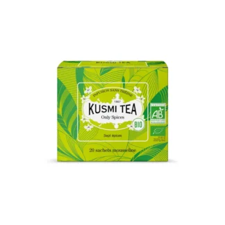 Opakowanie herbaty Kusmi Tea Only Spices zawiera 20 biodegradowalnych saszetek, które są idealne do parzenia aromatycznych naparów. Ta ekologiczna mieszanka ziołowa bez dodatku teiny zachwyca intensywnym smakiem, będąc doskonałym wyborem dla miłośników herbaty i zdrowego stylu życia.