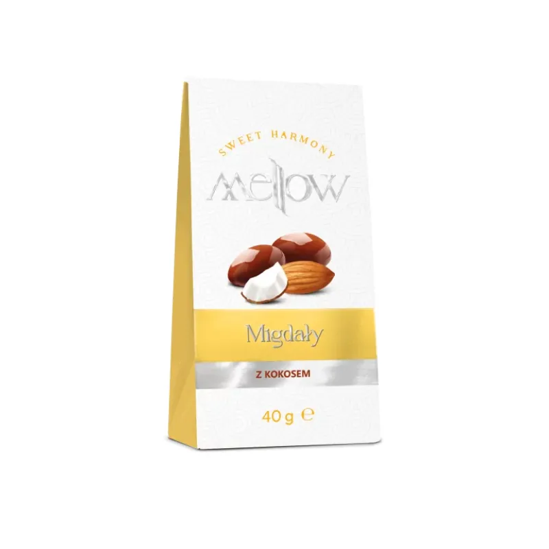 Opakowanie migdałów z kokosem Mellow w eleganckim designie, ważące 40g, idealne na zdrową przekąskę. Doskonałe połączenie słodkiego smaku kokosa i chrupiących migdałów, które wzbogacą każdą chwilę relaksu przy kawie lub herbacie.