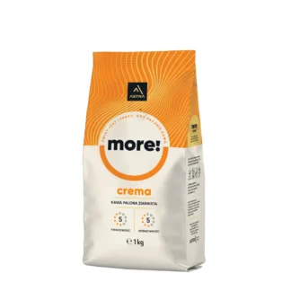 Torba 1kg kawy ziarnistej Crema od marki Astria z charakterystycznym pomarańczowym wzorem. Idealna do parzenia aromatycznego napoju, łączy w sobie równowagę kwasowości i intensywności, doskonała dla prawdziwych miłośników kawy.