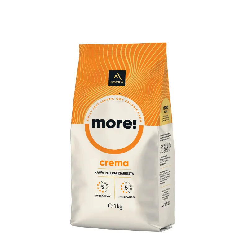 Torba 1kg kawy ziarnistej Crema od marki Astria z charakterystycznym pomarańczowym wzorem. Idealna do parzenia aromatycznego napoju, łączy w sobie równowagę kwasowości i intensywności, doskonała dla prawdziwych miłośników kawy.
