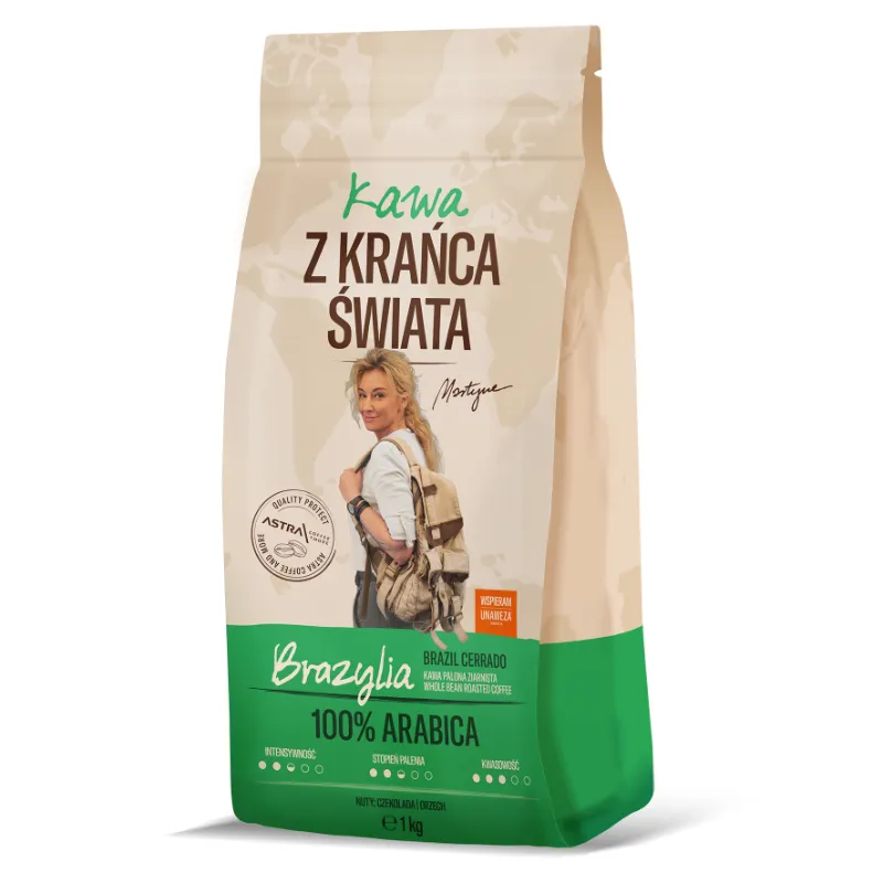 Opakowanie kawy Z Krańca Świata, pochodzącej z Brazylii, oznacza wyjątkowe doznania smakowe i aromatyczne. Idealna do parzenia zarówno w ekspresie, jak i tradycyjnie, doskonała dla miłośników wysokiej jakości kawy.