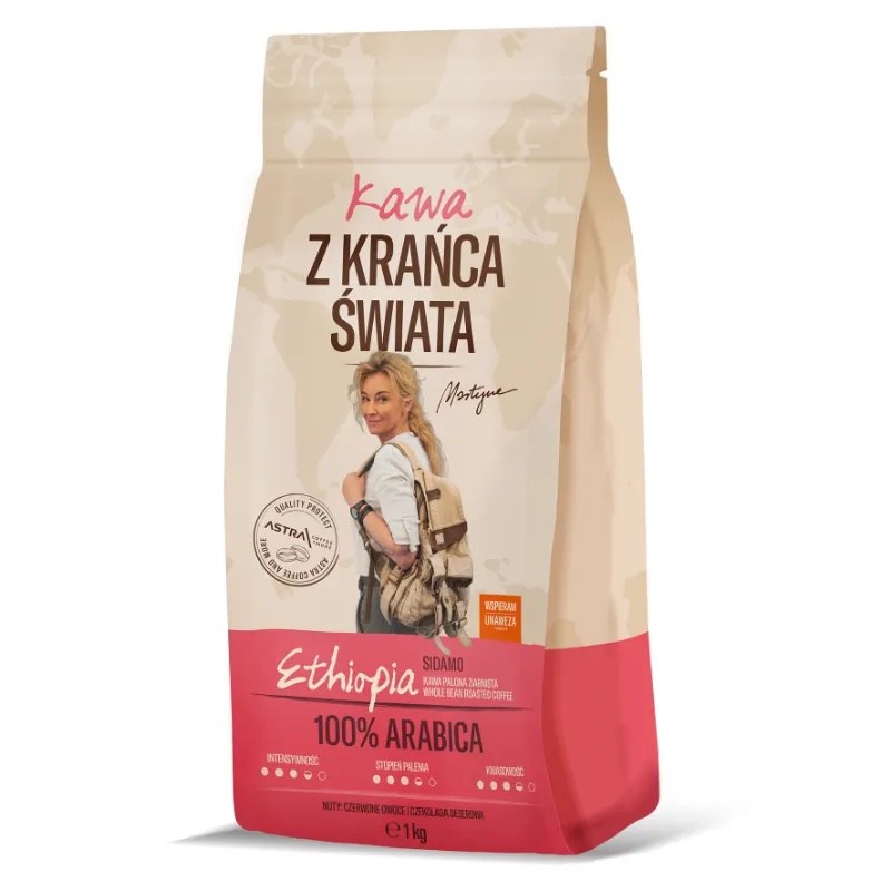 Opakowanie kawy z Krańca Świata przedstawia wysokiej jakości ziarna z Etiopii, 100% Arabica. Idealna dla miłośników aromatycznych naparów, ta kawa doskonale komponuje się z różnorodnymi akcesoriami do parzenia.