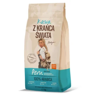 Opakowanie kawy 100% Arabica z Krańca Świata, pochodzącej z Amazońskich plantacji, idealne dla miłośników wysokiej jakości aromatycznych napojów. Zawiera nuty czerwonych owoców i czekolady, doskonała do parzenia w ekspresie lub french pressie.