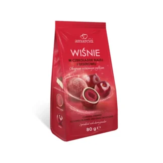 Pyszne wiśnie w białej i ciemnej czekoladzie, idealne do kawy lub herbaty. Ozdobione pysznym pyłkiem wiśniowym, stanowią doskonałą słodką przekąskę dla koneserów deserów.