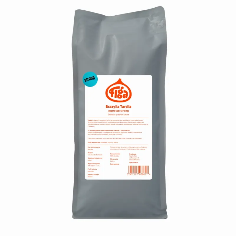 Opakowanie kawy Brazylia Tarsila Espresso Strong, wyróżniające się intensywnym smakiem i aromatem, idealne do parzenia espresso. Świeżo palona kawa 100% Arabica, doskonała dla miłośników mocniejszych naparów, dostępna w naszym sklepie internetowym.