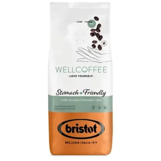 Opakowanie kawy Wellcoffee, oznaczonej jako przyjazna dla żołądka, z widocznymi ziarenkami kawy w tle. Doskonały wybór dla osób szukających łagodnego smaku kawy, idealny do codziennego parzenia i delektowania się aromatem.