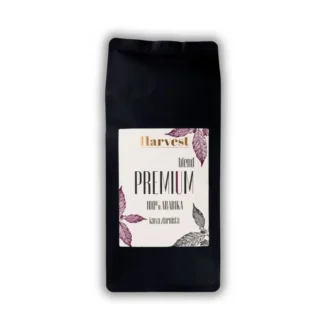 Opakowanie kawy Premium od Harvest, wykonane z 100% Arabiki, prezentuje elegancką etykietę z delikatnymi motywami roślinnymi. Idealna do przygotowania aromatycznego naparu, doskonała dla miłośników wysokiej jakości kawy.