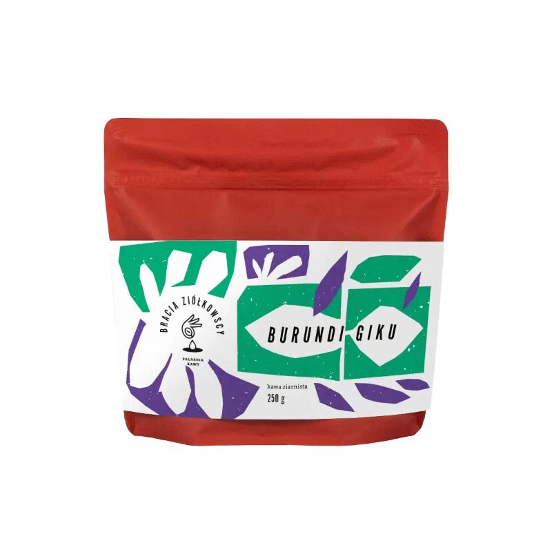 Opakowanie kawy ziarnistej Burundi Giku o wadze 250 g, charakteryzujące się jaskrawym designem oraz wysoką jakością. Idealna do przygotowania aromatycznego naparu, doskonała dla miłośników wyjątkowych doznań smakowych.