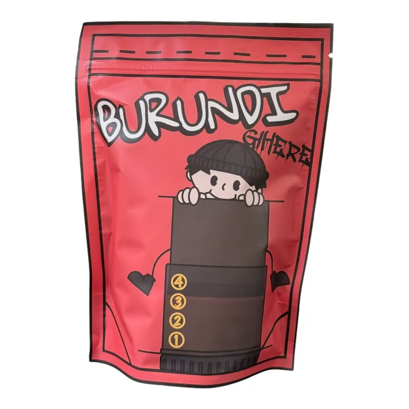 Opakowanie kawy Burundi z kolorowym, kreatywnym nadrukiem, idealne dla miłośników kawy. Eksploruj bogaty smak i aromat tej wyjątkowej kawy, doskonałej do parzenia w domowym zaciszu lub w biurze.