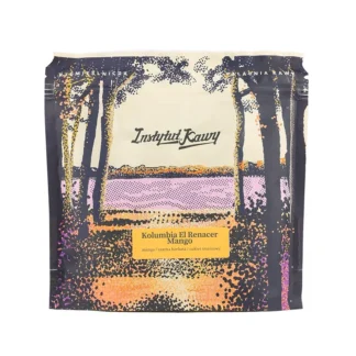 Opakowanie kawy Kolumbia El Renacer Mango od Instytutu Kawy przedstawia artystyczny design, który nawiązuje do natury. Kawa ta charakteryzuje się unikalnym smakiem mango, trzcinowego cukru i herbaty, idealna dla miłośników wyjątkowych aromatów.